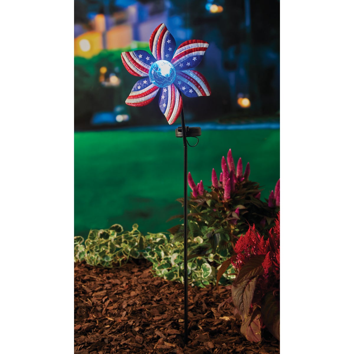 Gerson Spring GIL Metal Wind Spinner & Crackle Glass Solar Globe 34.5 In. H. American Stake Light