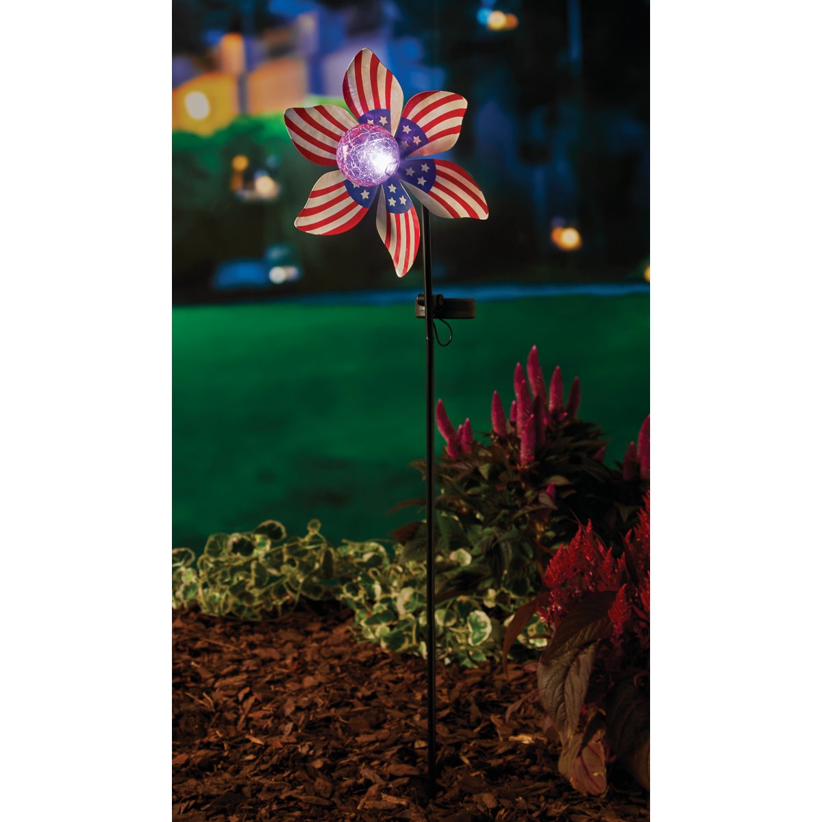 Gerson Spring GIL Metal Wind Spinner & Crackle Glass Solar Globe 34.5 In. H. American Stake Light