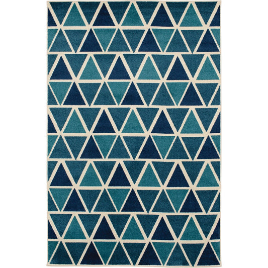 Backyard Bungalow Isosceles 6 Ft. 7 In. x 9 Ft. 6 In. Geo Triangles in Blue Plush Outdoor Rug