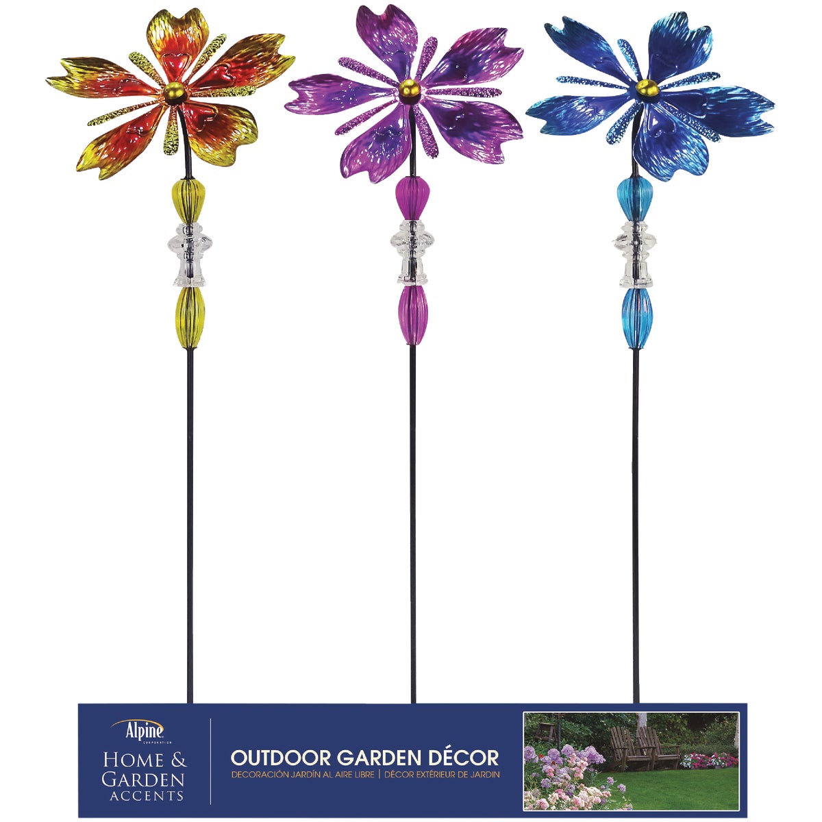 Alpine 37 In. H. Colorful Glass Flower & Gem Wind Spinner Stake