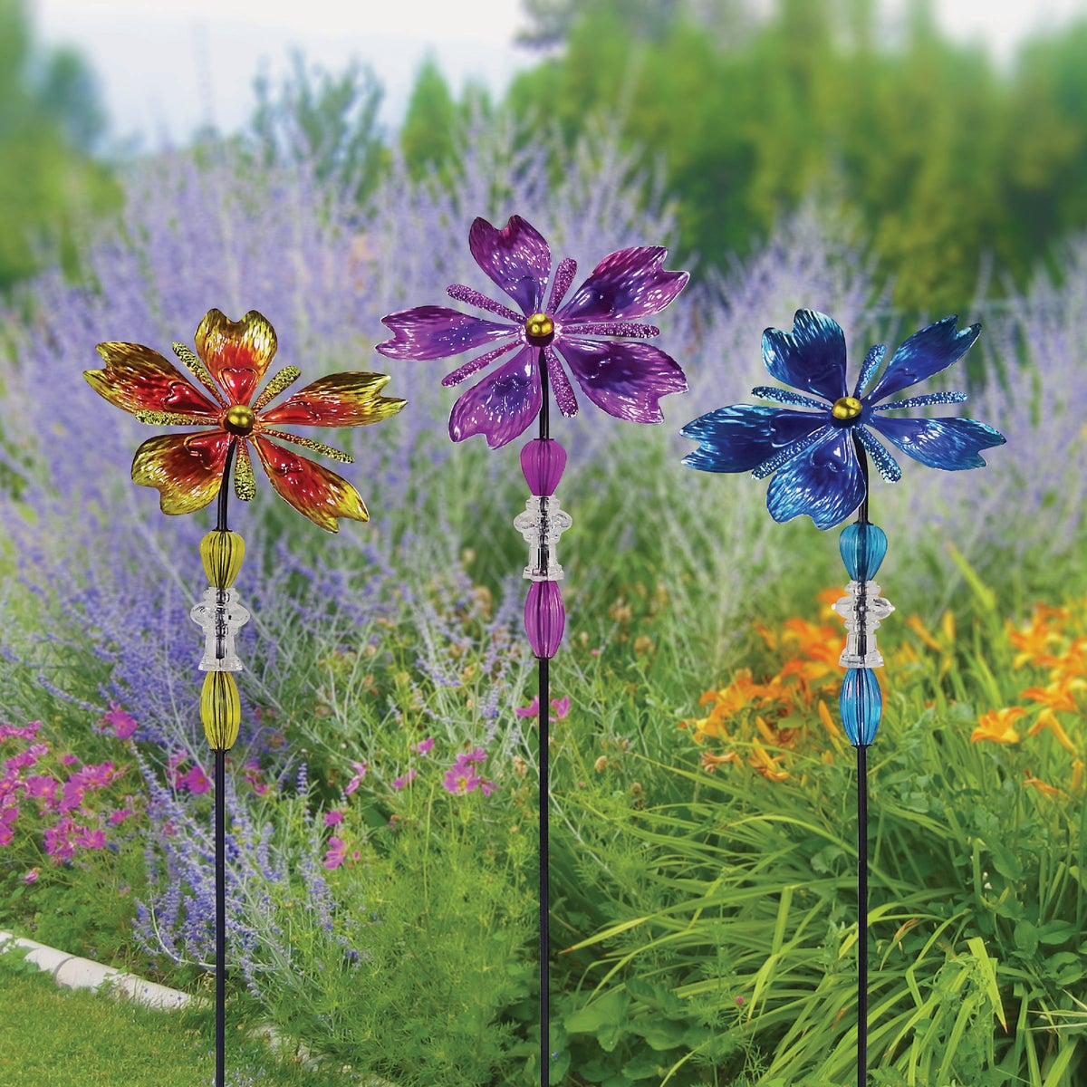 Alpine 37 In. H. Colorful Glass Flower & Gem Wind Spinner Stake