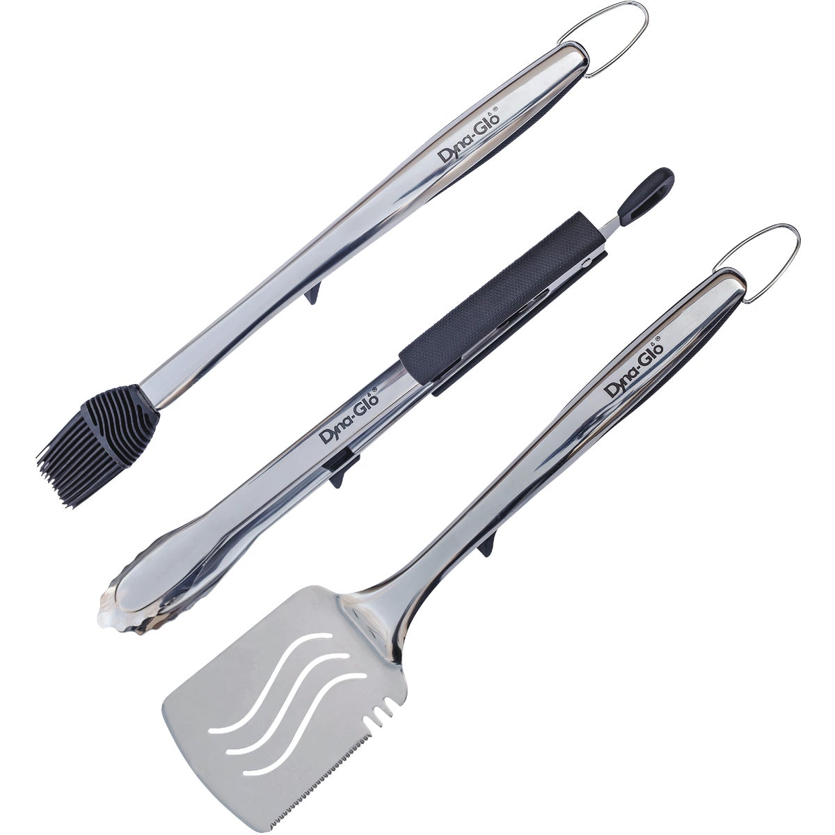 Dyna Glo Silicone Handle Stainless Steel Bladed 3-Piece Barbeque Tool Set with Stand