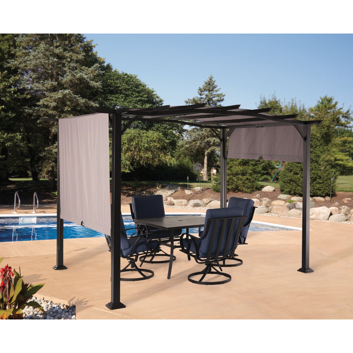 Outdoor Expressions 8.8 Ft. W. x 7.5 Ft. H. x 11.5 Ft. L. Black Steel Pergola