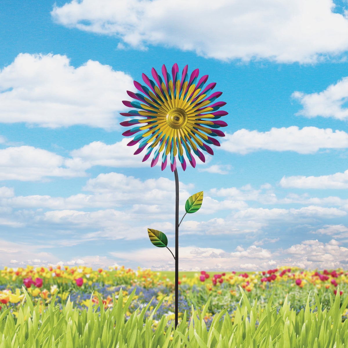 Alpine 47 In. H. Triple Metal Daisy Wind Spinner Garden Stake