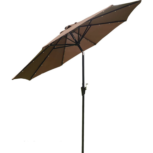 Outdoor Expressions 9 Ft. Aluminum Tilt/Crank Brown Patio Umbrella with Solar LED Lights