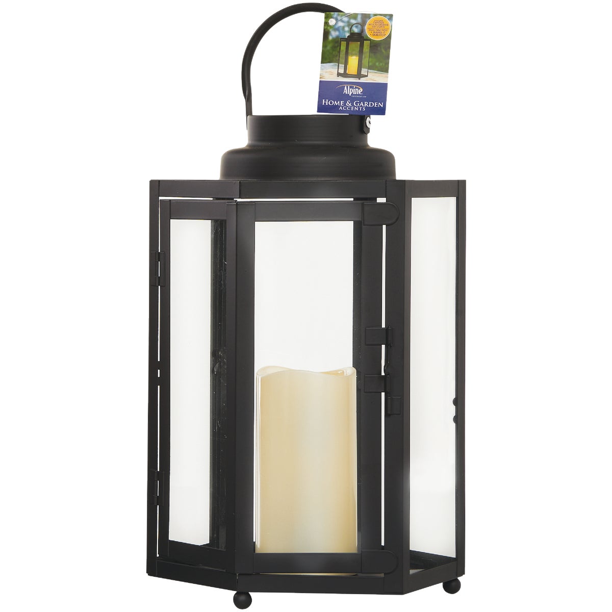 Alpine 9 In. W. x 14 In. H. x 9 In. L. Black Warm White LED Candle Hexagonal Patio Lantern