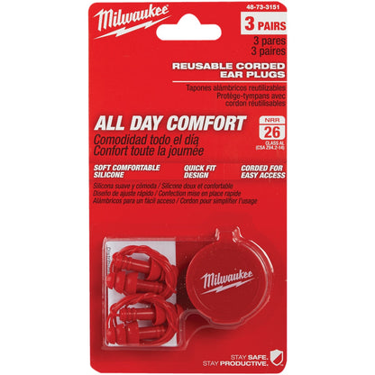 Milwaukee Silicone 26 dB Corded Ear Plugs (3-Pair)