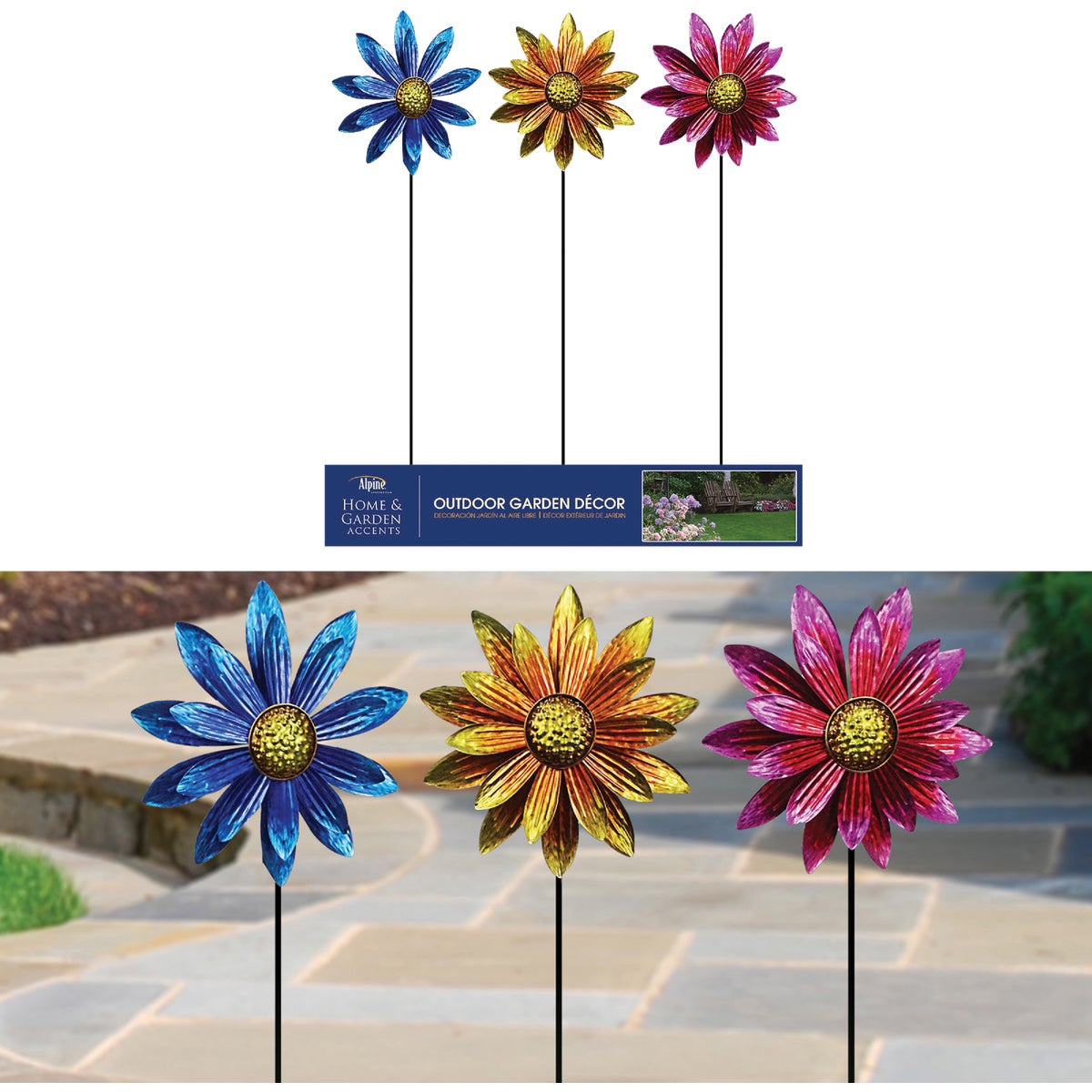 Alpine Vibrant Metal Floral Wind Spinner Garden Stake