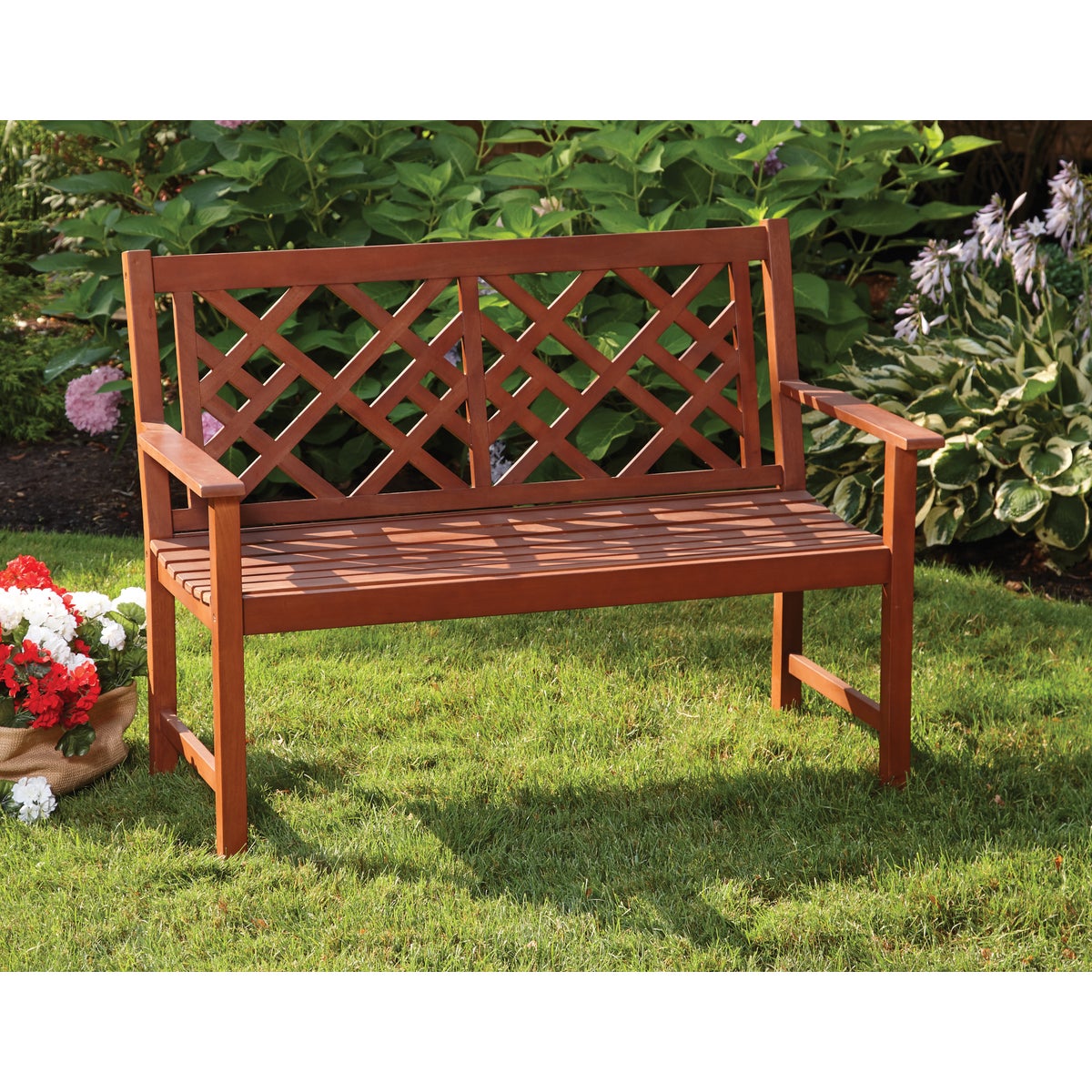 Jack Post 4 Ft. L. Hardwood Bench with Decorative Back in Oil Finish