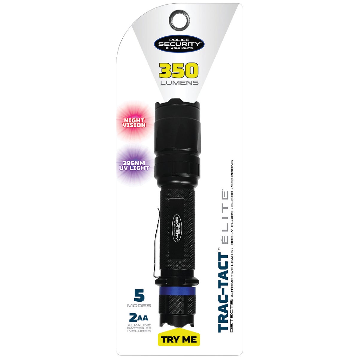 Police Security Trac-Tact 2AA 350 Lm. Tactical LED Flashlight with UV & Red LED Modes