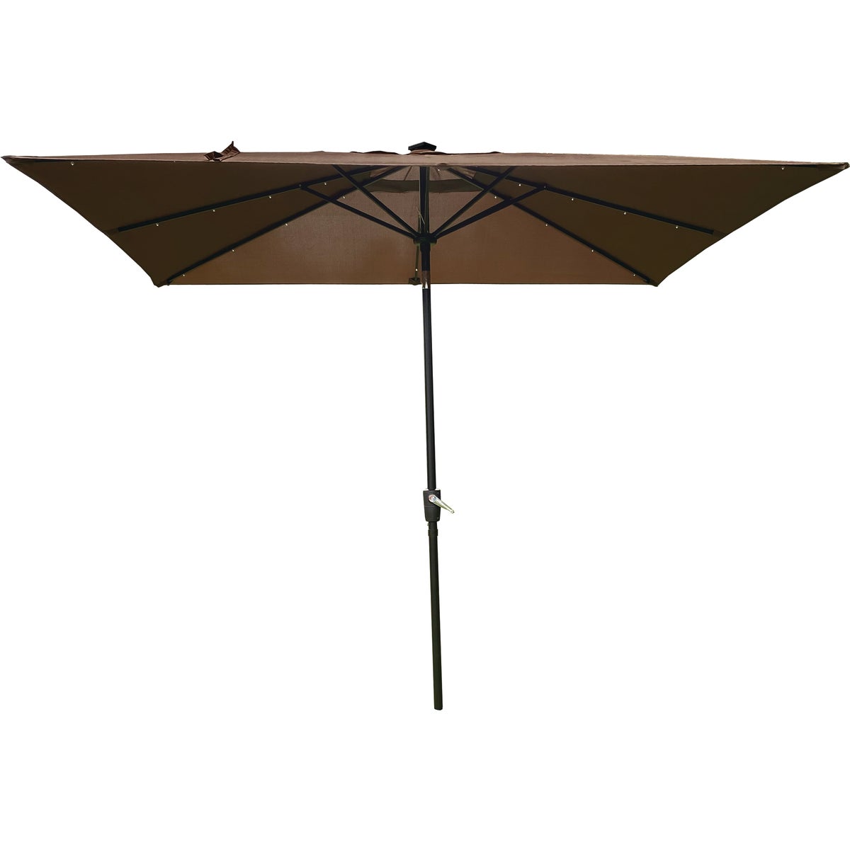 Outdoor Expressions 9 Ft. x 7 Ft. Rectangular Aluminum Tilt/Crank Brown Patio Umbrella with Solar LED Lights