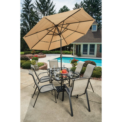 Outdoor Expressions 9 Ft. Pulley Tan Market Patio Umbrella With Brass Plated Hardware