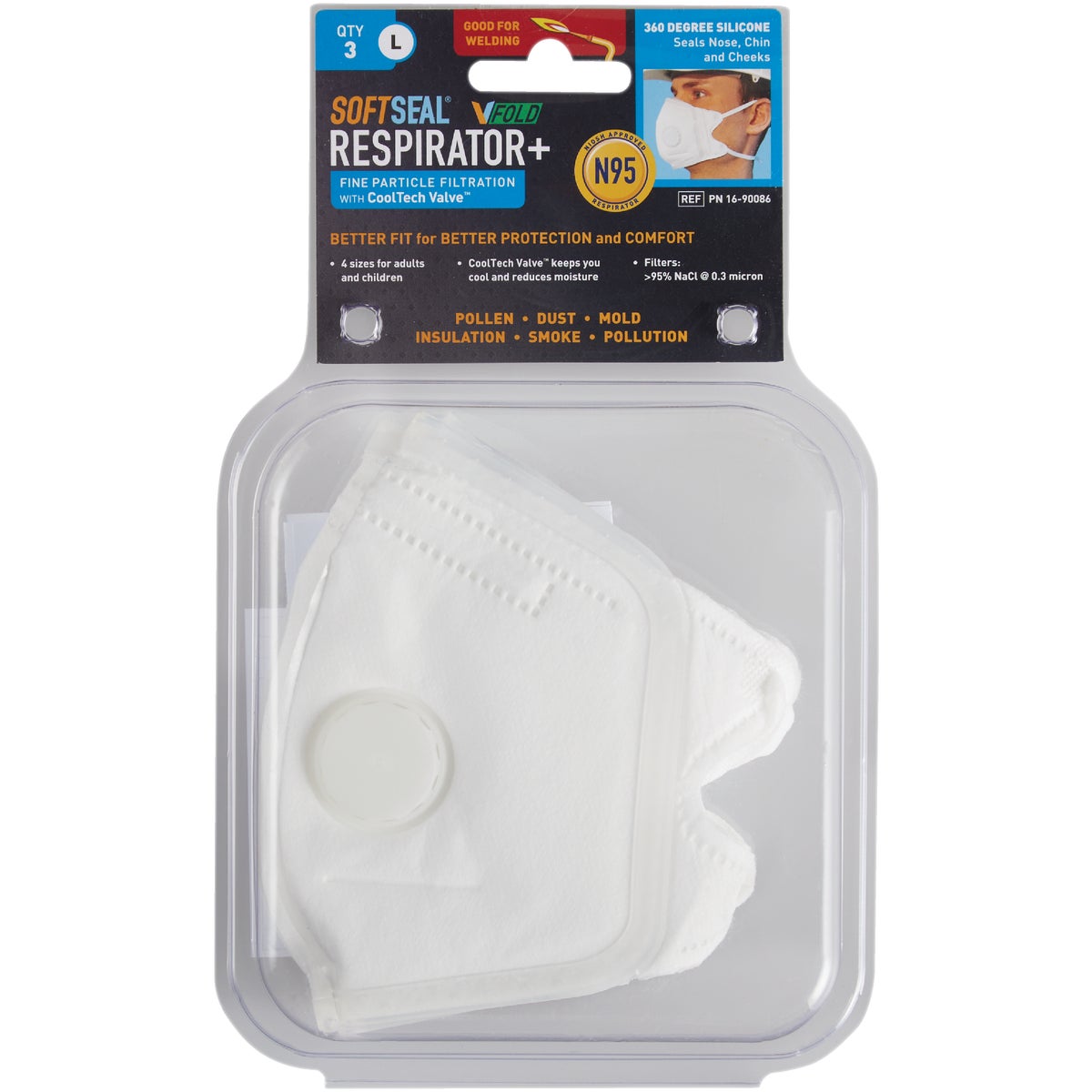 Softseal V-Fold Design N95 Large 360-Degree Silicone Seal Respirator With Valve (3-Pack)