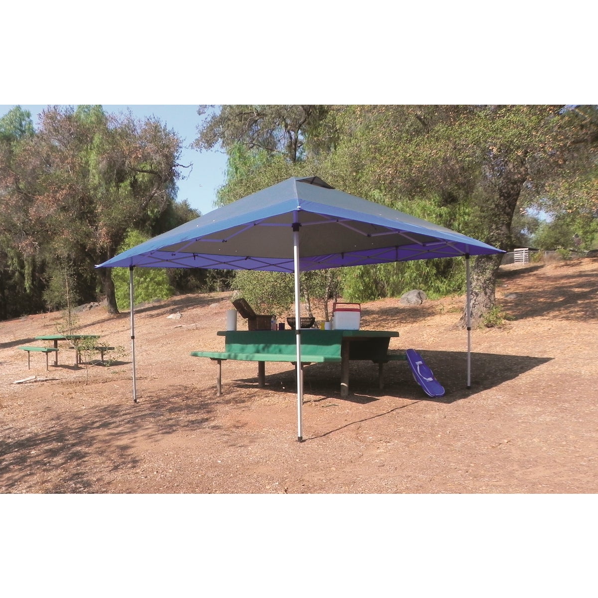 Crown Shade Mega Shade 12 Ft. x 12 Ft. Cool Gray Steel Frame with Gray/Blue Canopy Manual Awning