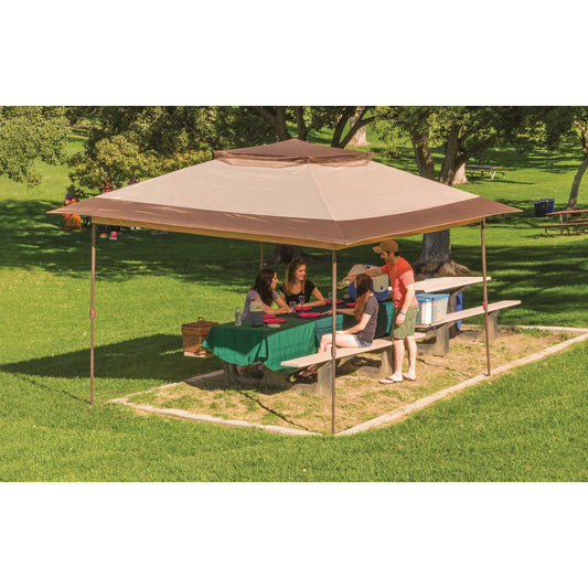 Crown Shade Mega Shade 12 Ft. x 12 Ft. Cool Gray Steel Frame Khaki Canopy Automatic Awning