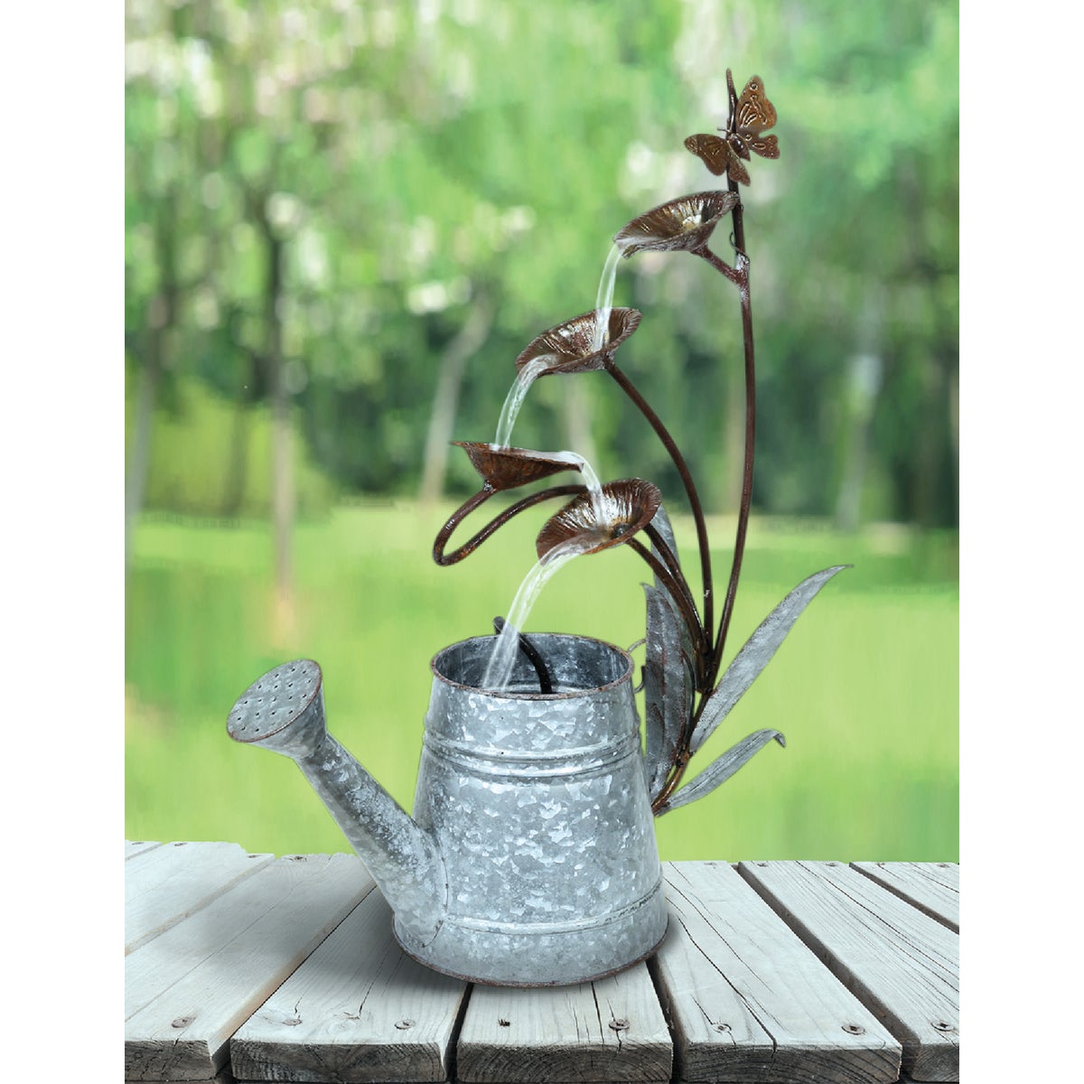 Alpine 18 In. W. x 24 In. H. x 8 In. L. Rustic Metal Leaf Pod & Watering Can Fountain