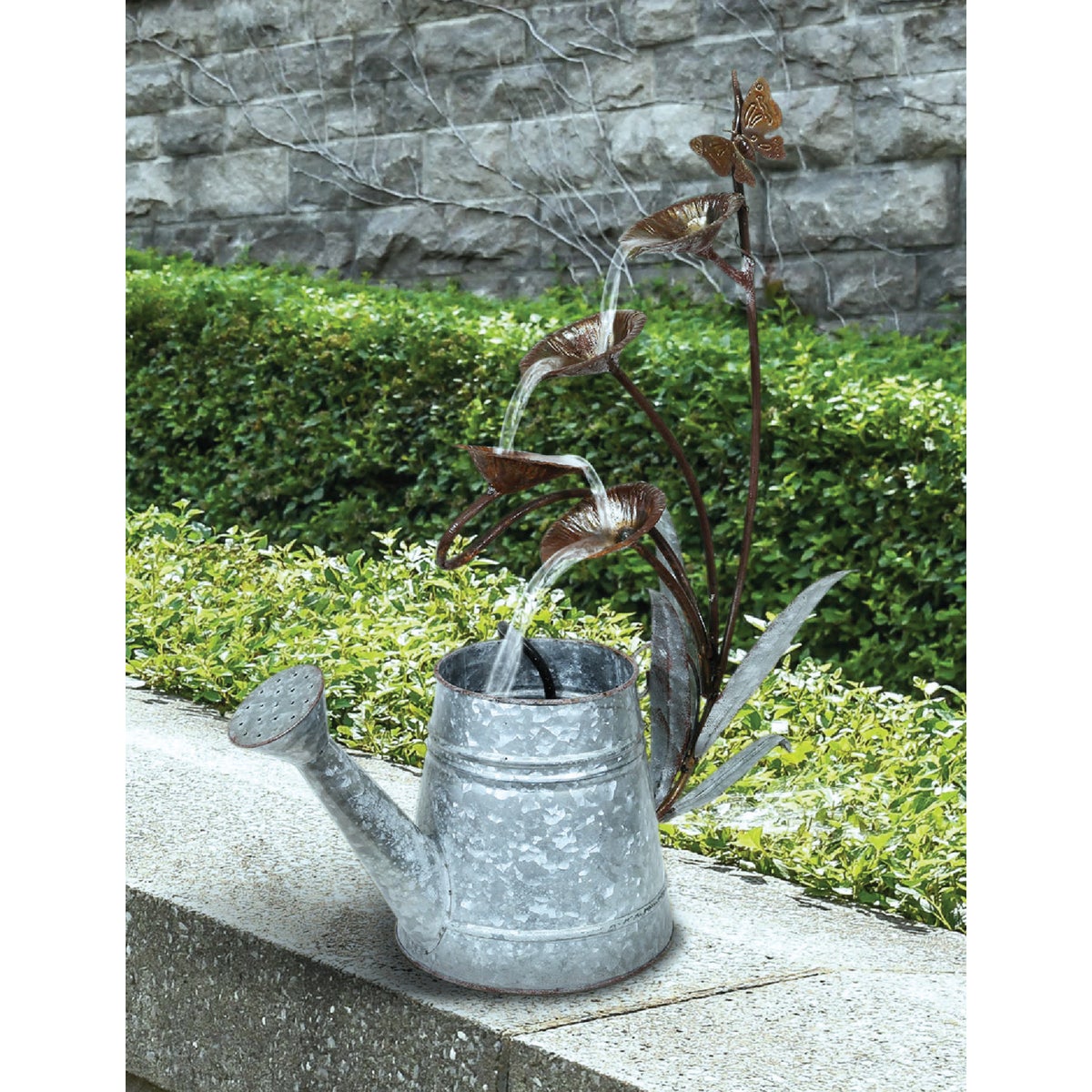 Alpine 18 In. W. x 24 In. H. x 8 In. L. Rustic Metal Leaf Pod & Watering Can Fountain