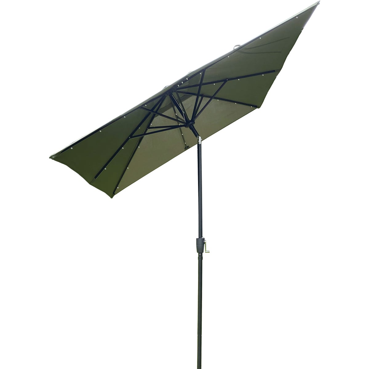 Outdoor Expressions 9 Ft. x 7 Ft. Rectangular Aluminum Tilt/Crank Heather Green Patio Umbrella with Solar LED Lights