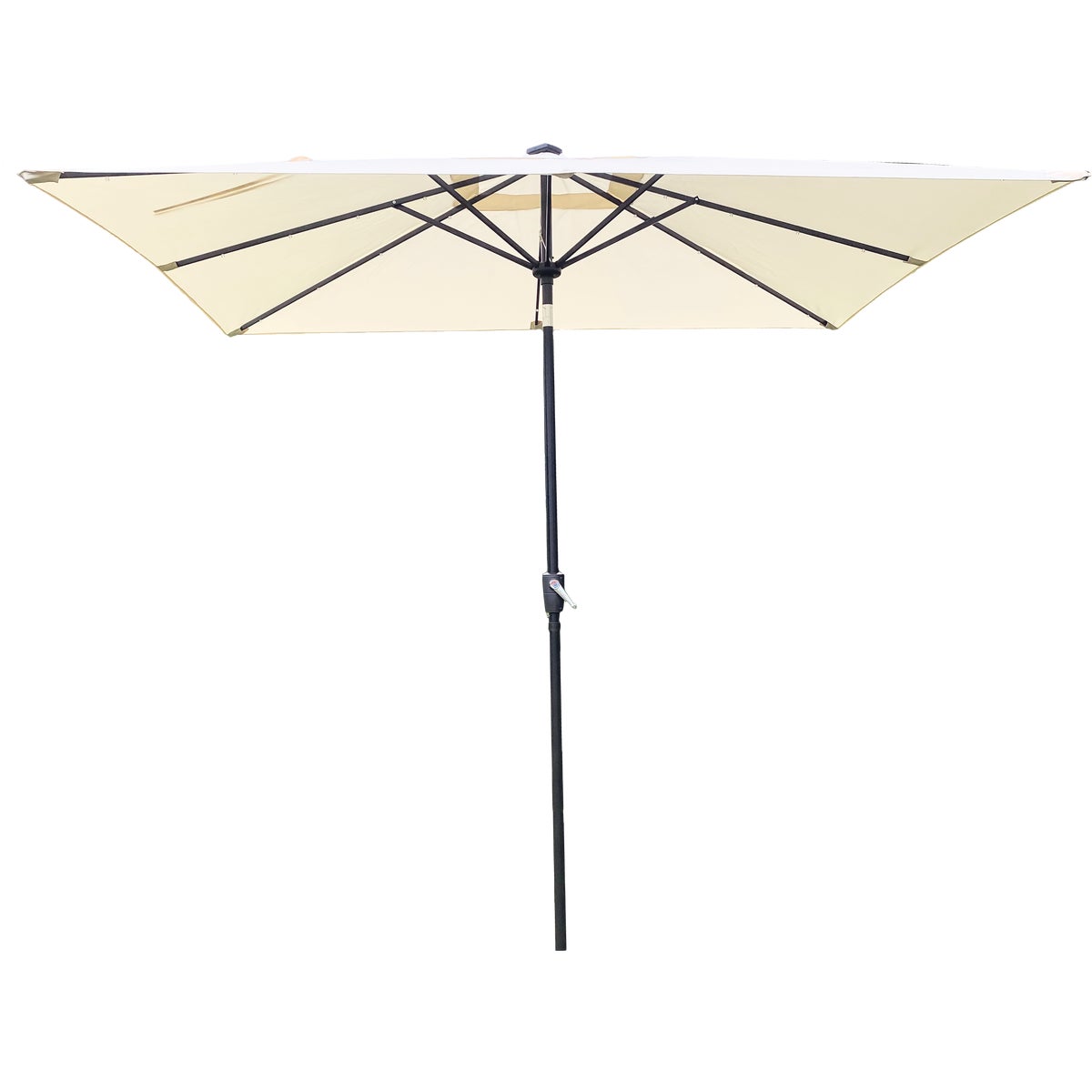 Outdoor Expressions 9 Ft. x 7 Ft. Rectangular Aluminum Tilt/Crank Cream Patio Umbrella with Solar LED Lights