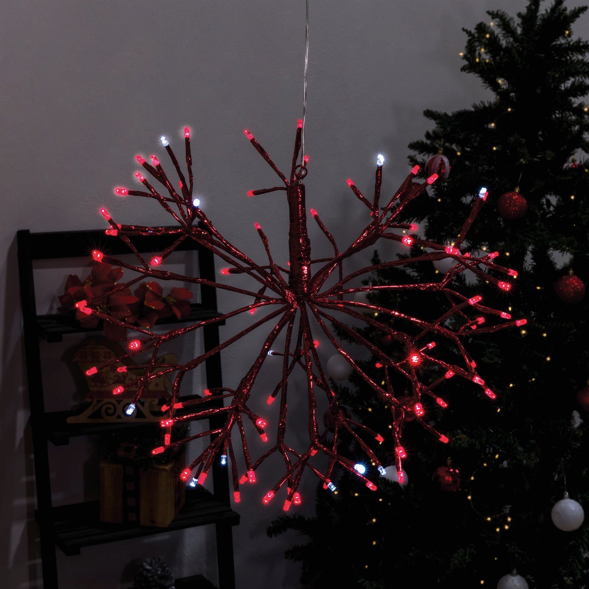 Alpine 16 In. LED 96-Bulb Red Hanging Twig Snowflake Ornament Light Decoration