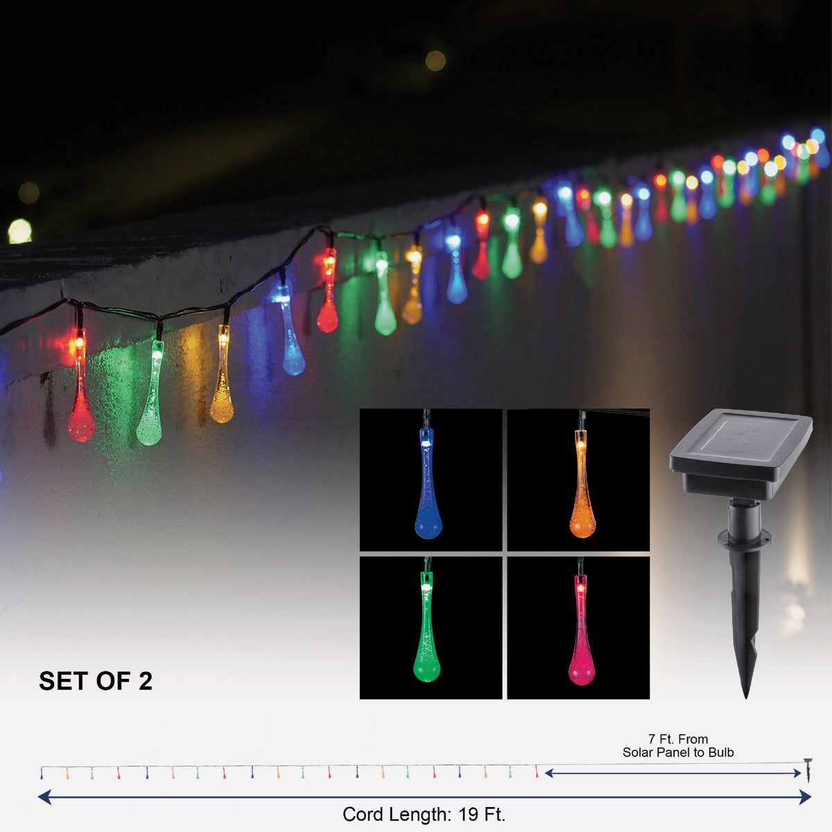 Alpine 12 Ft. 20 Multi-Color LED Waterdrop Solar Outdoor Patio String Lights (2-Pack)