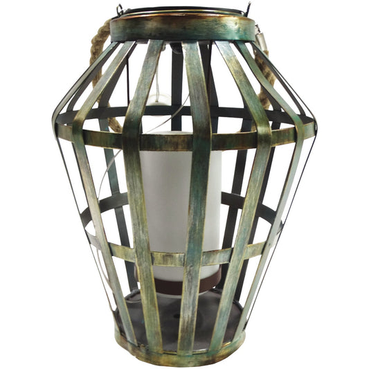 Alpine 7 In. W. x 19 In. H. x 7 In. L. Gray Iron Flickering LED Solar Patio Lantern