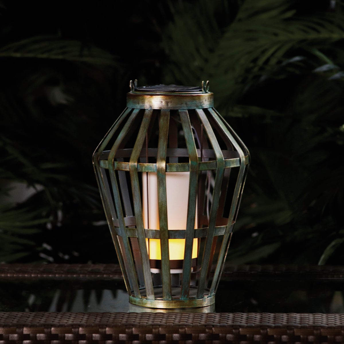 Alpine 7 In. W. x 19 In. H. x 7 In. L. Gray Iron Flickering LED Solar Patio Lantern