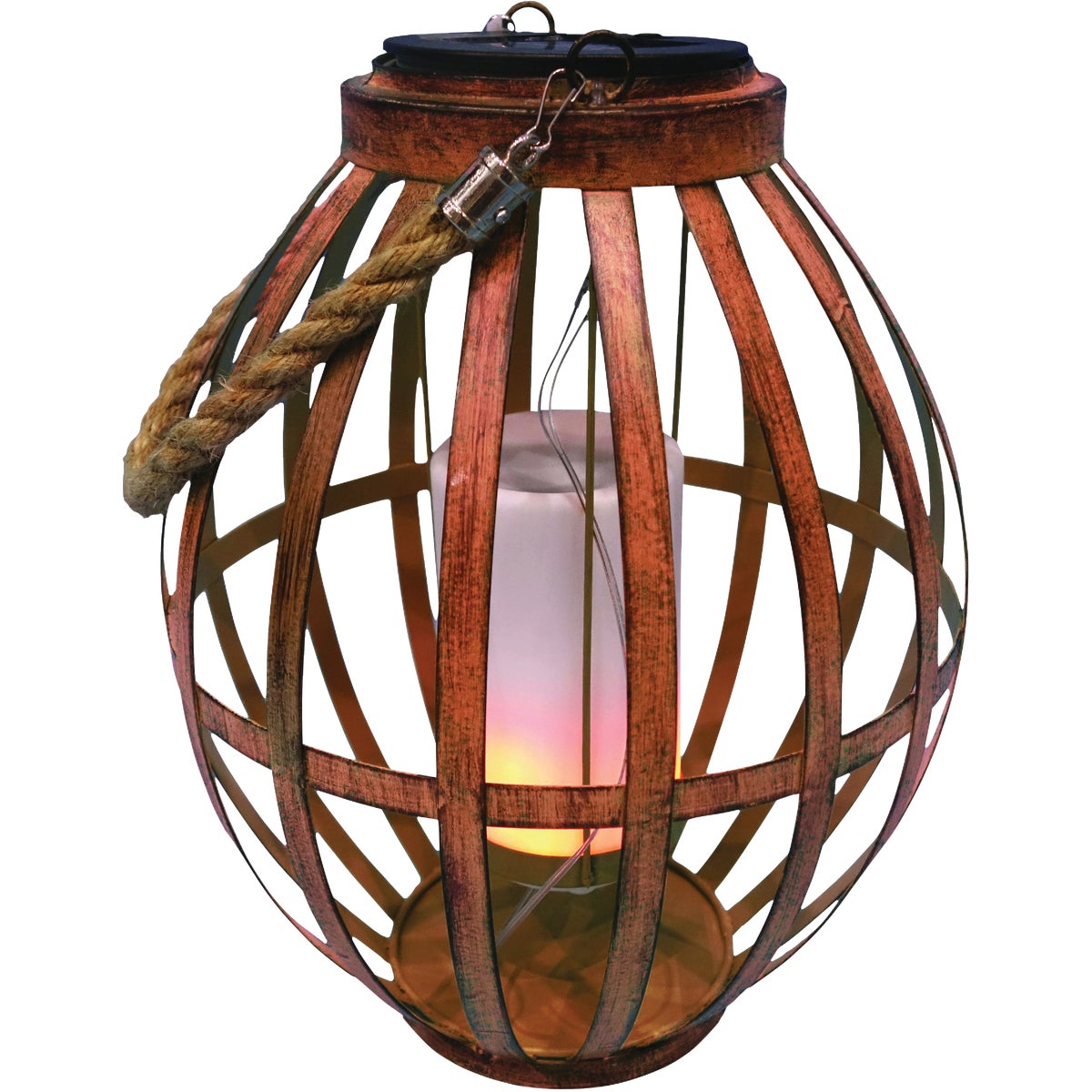 Alpine 8 In. W. x 19 In. H. x 8 In. L. Brown Iron Flickering LED Solar Patio Lantern