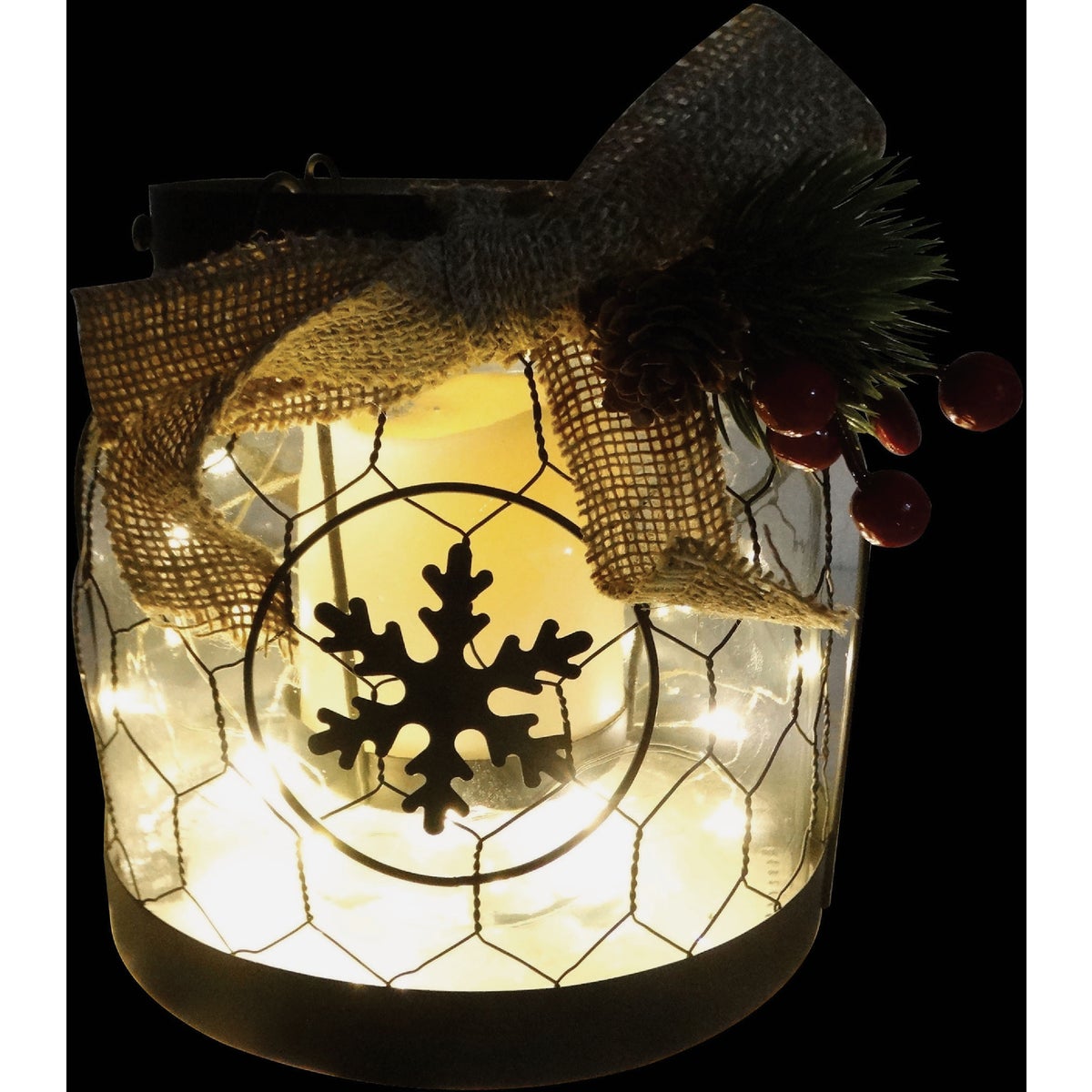 Alpine 7 In. W. x 6 In. H. x 7 In. L. LED Snowflake Lantern with Chicken Wire Holiday Decoration