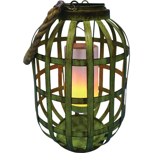 Alpine 7 In. W. x 18 In. H. x 7 In. L. Green Iron Flickering LED Solar Patio Lantern