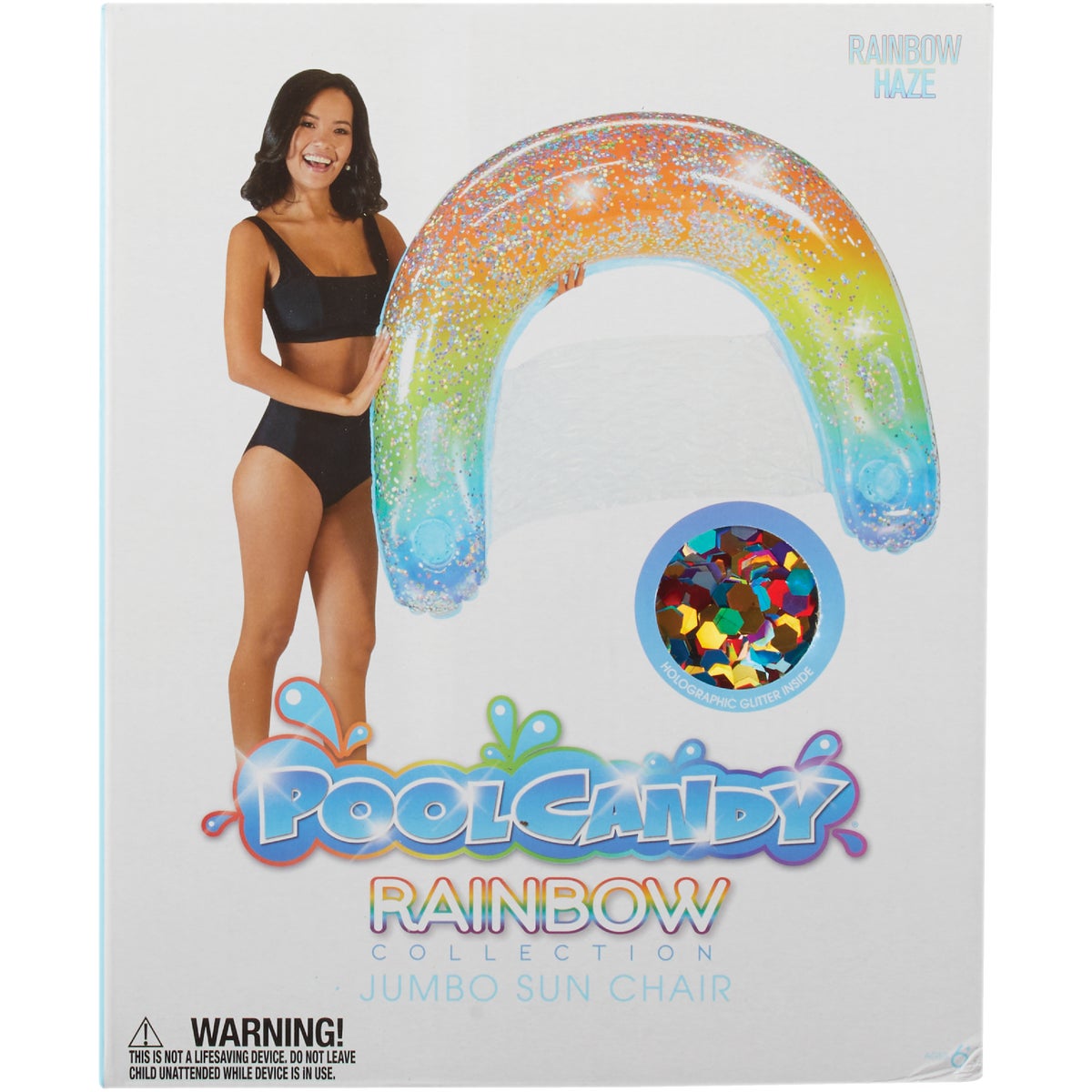 PoolCandy Ride-On 48 In. Classic Rainbow Jumbo Glitter Inflatable Pool Chair