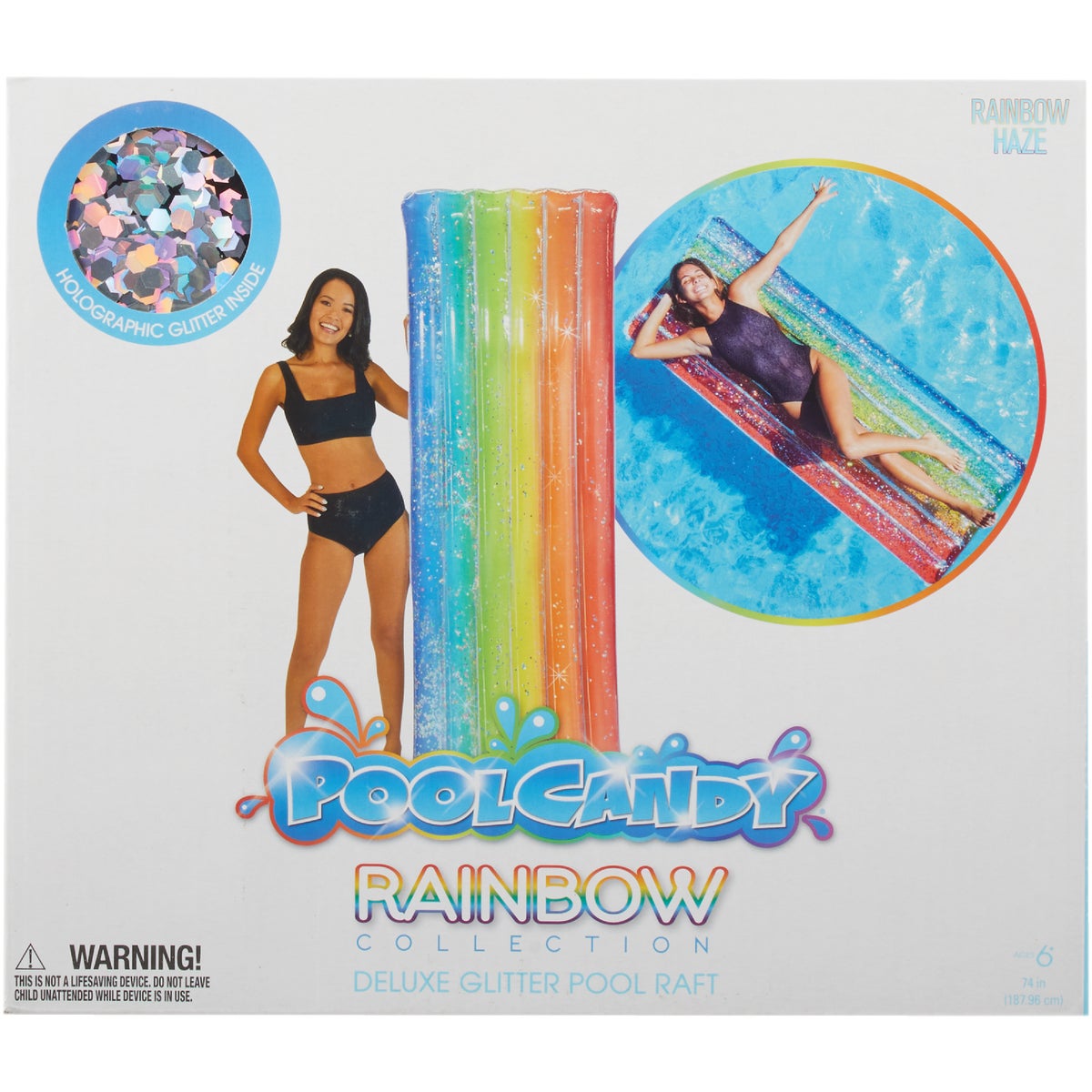 PoolCandy Ride-On 74 In. x 30 In. Rainbow Haze Deluxe Pool Raft