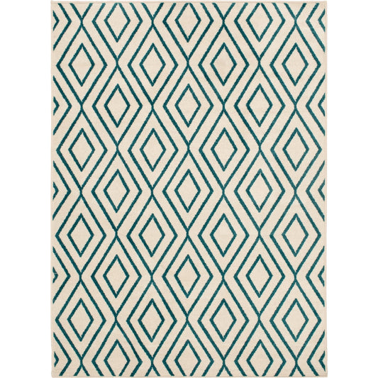 Backyard Bungalow Sierra 6 Ft. 6 In. x 9 Ft. 6 In. Concentric Diamond Ivory/Teal Plush Outdoor Rug