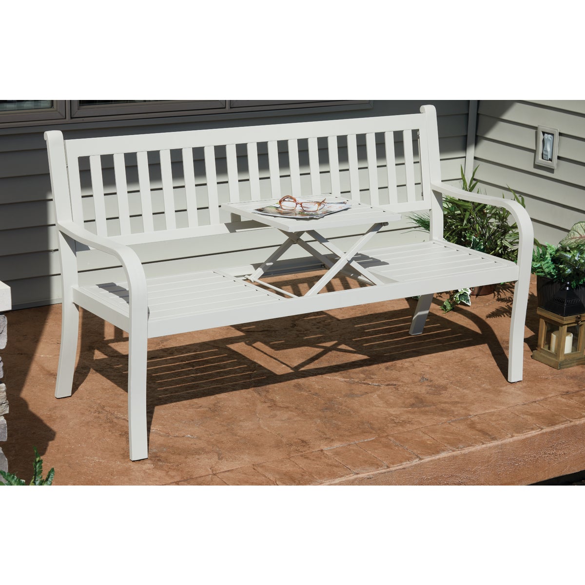 Decoris Garden Furniture Nottingham 60 In. L. White Aluminum Bench with Pop Up Side Table