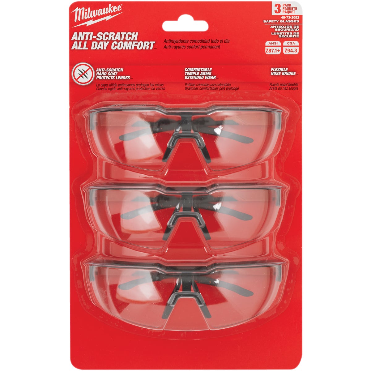 Milwaukee Red & Black Frame Safety Glasses with Clear Anti-Scratch Lenses (3-Pack)