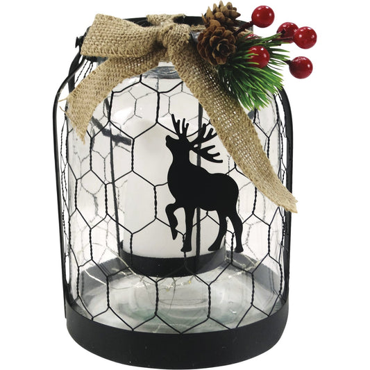 Alpine 7 In. W. x 9 In. H. x 7 In. L. LED Reindeer Lantern with Chicken Wire Holiday Decoration