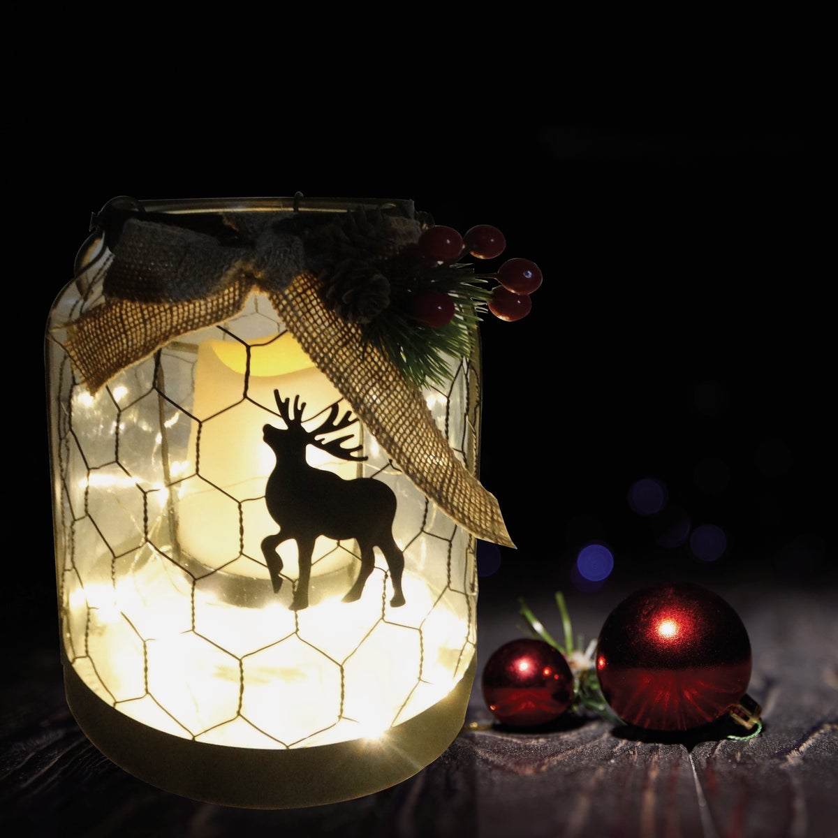 Alpine 7 In. W. x 9 In. H. x 7 In. L. LED Reindeer Lantern with Chicken Wire Holiday Decoration