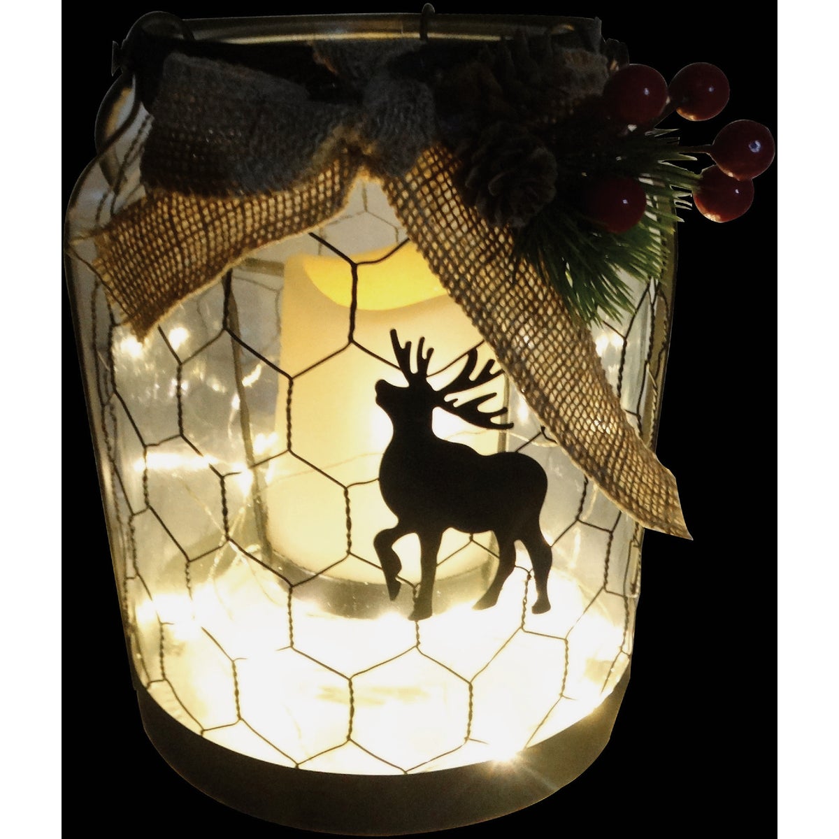 Alpine 7 In. W. x 9 In. H. x 7 In. L. LED Reindeer Lantern with Chicken Wire Holiday Decoration