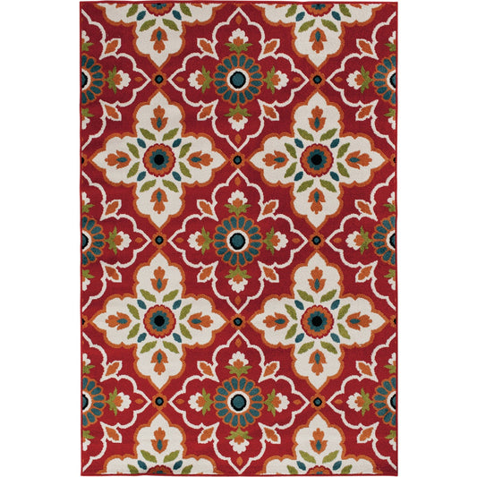 Backyard Bungalow 6 Ft. 6 In. x 9 Ft. 6 In. Scarlata Red Ground Medallion Plush Outdoor Rug