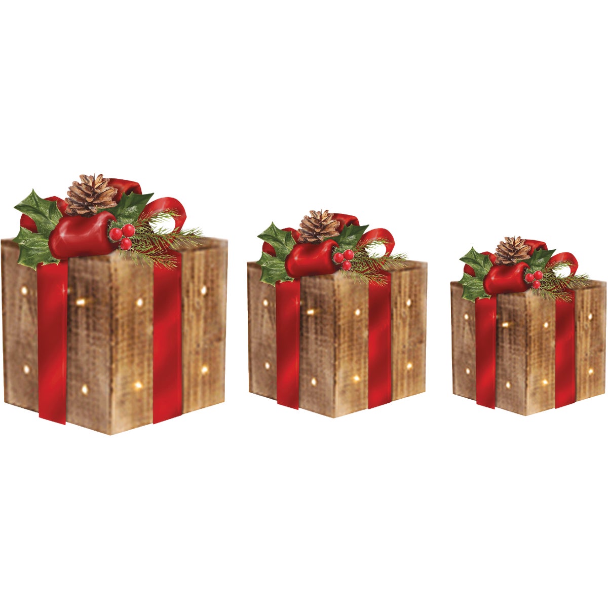 Alpine Warm White LED Rustic Wood with Red Ribbon Christmas Gift Box Set (3-Piece)