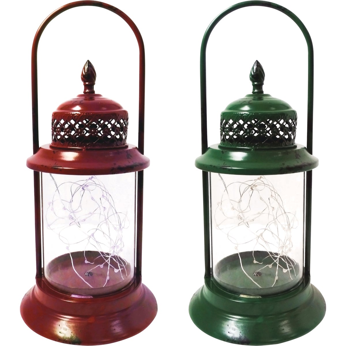 Alpine 6 In. W. x 15 In. H. x 6 In. L. Red or Green Antique Metal & Glass LED Lantern Holiday Decoration