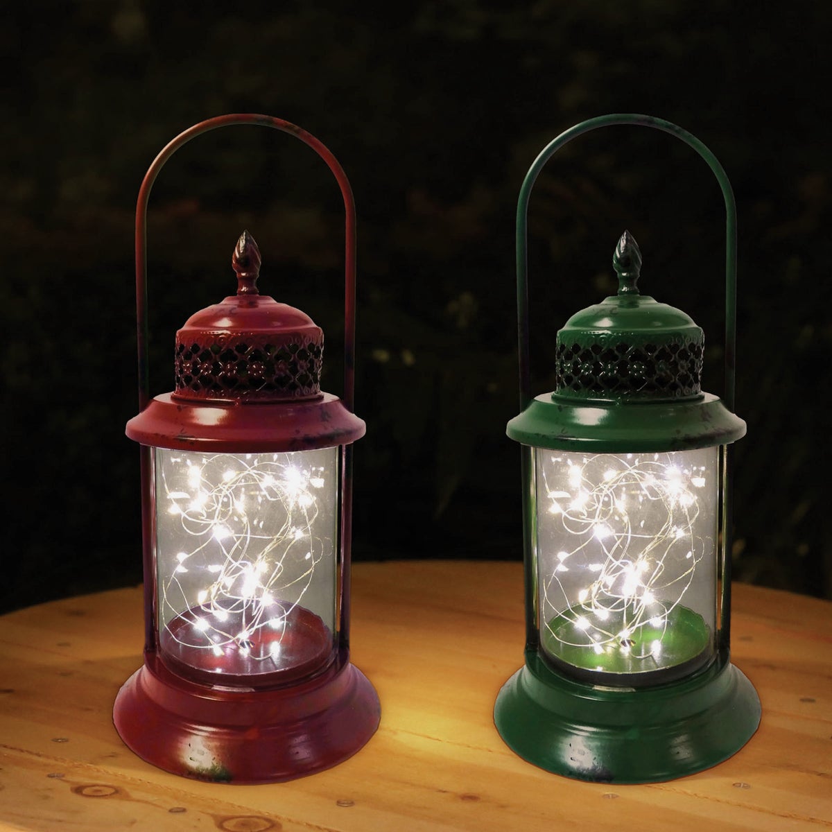 Alpine 6 In. W. x 15 In. H. x 6 In. L. Red or Green Antique Metal & Glass LED Lantern Holiday Decoration