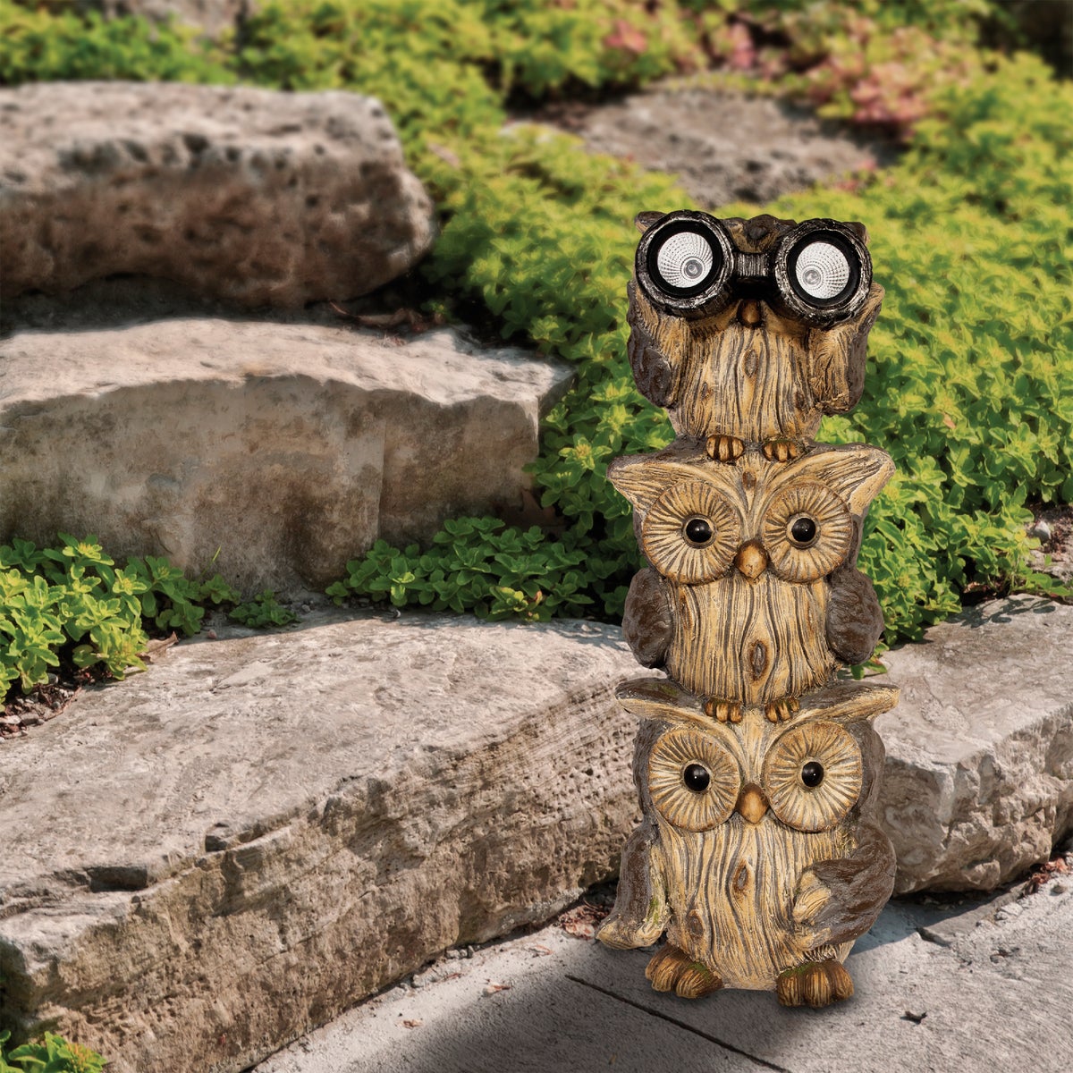 Alpine 25 In. H. Solar 3-Owl Statue with LED Binoculars