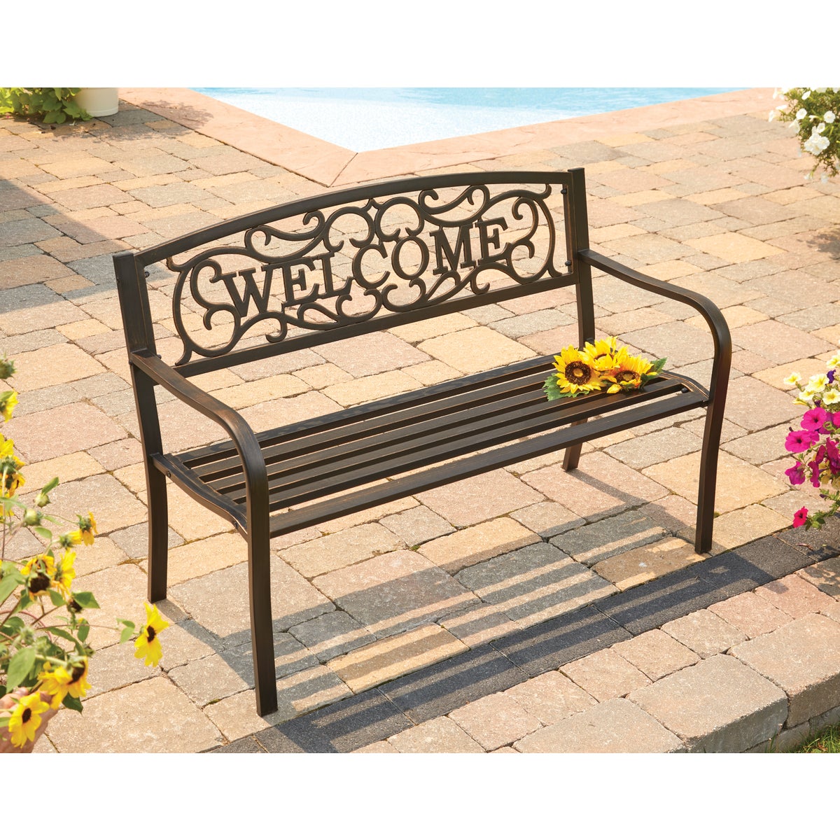 Outdoor Expressions 50 In. Black Steel Welcome Steel Bench