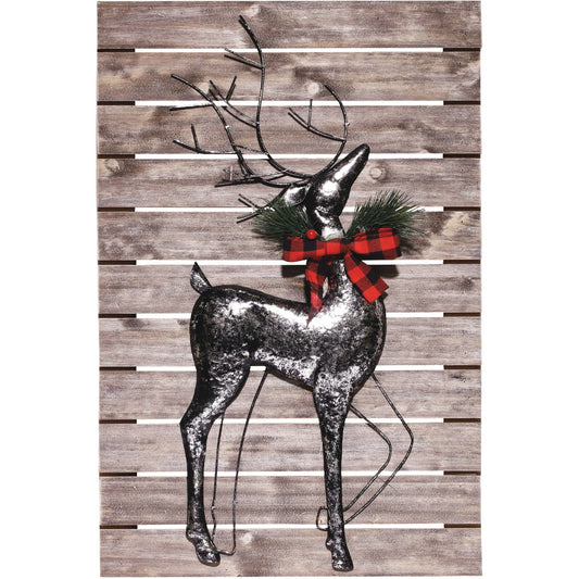 Alpine 2 In. W. x 24 In. H. x 15 In. L. Silver Metal Reindeer on Rustic Wood Wall Decoration