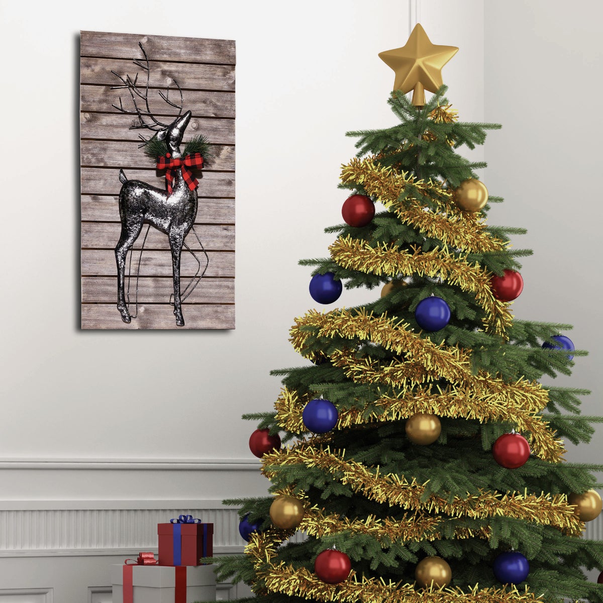 Alpine 2 In. W. x 24 In. H. x 15 In. L. Silver Metal Reindeer on Rustic Wood Wall Decoration