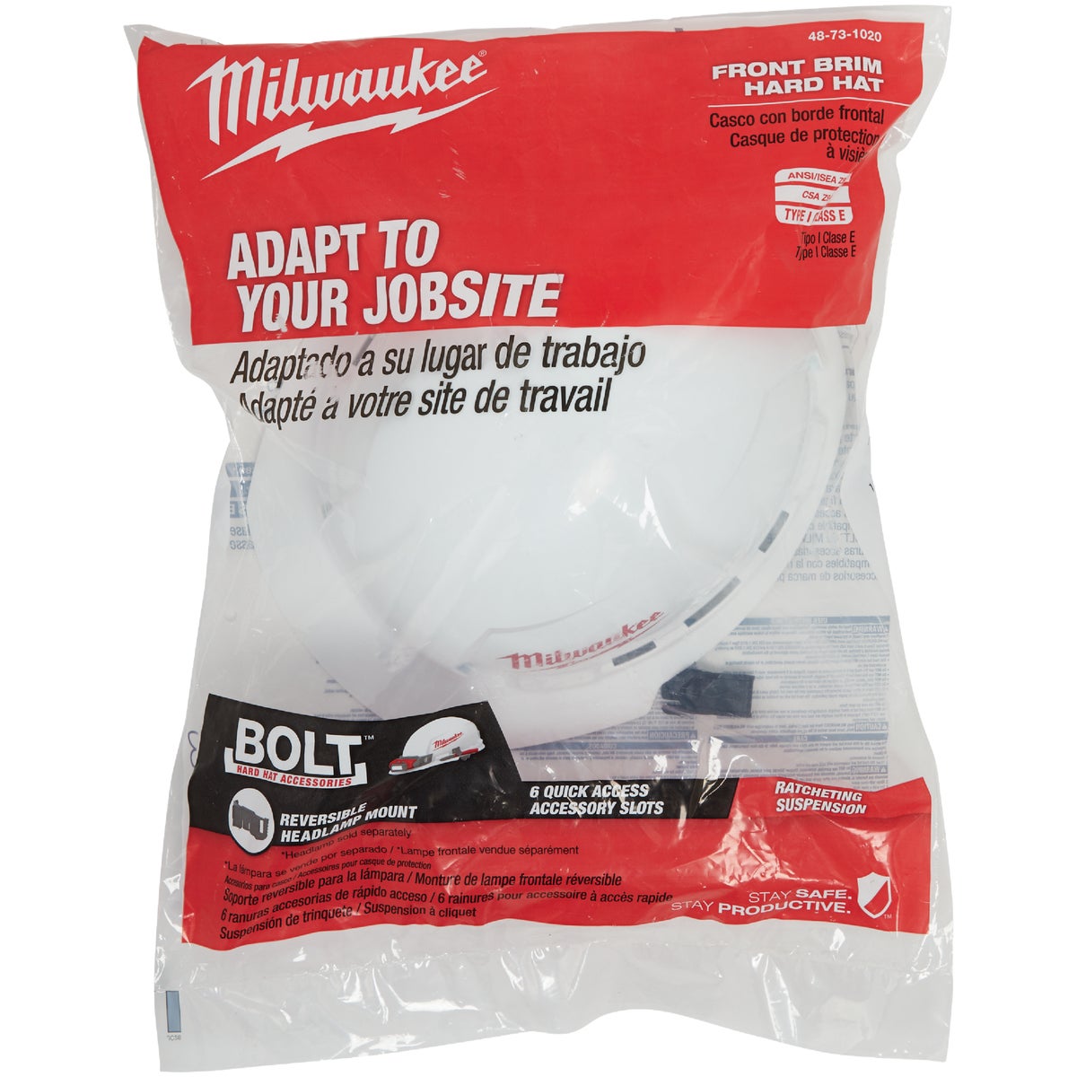Milwaukee White Front Brim Ratcheting Type 1 Class E Hard Hat