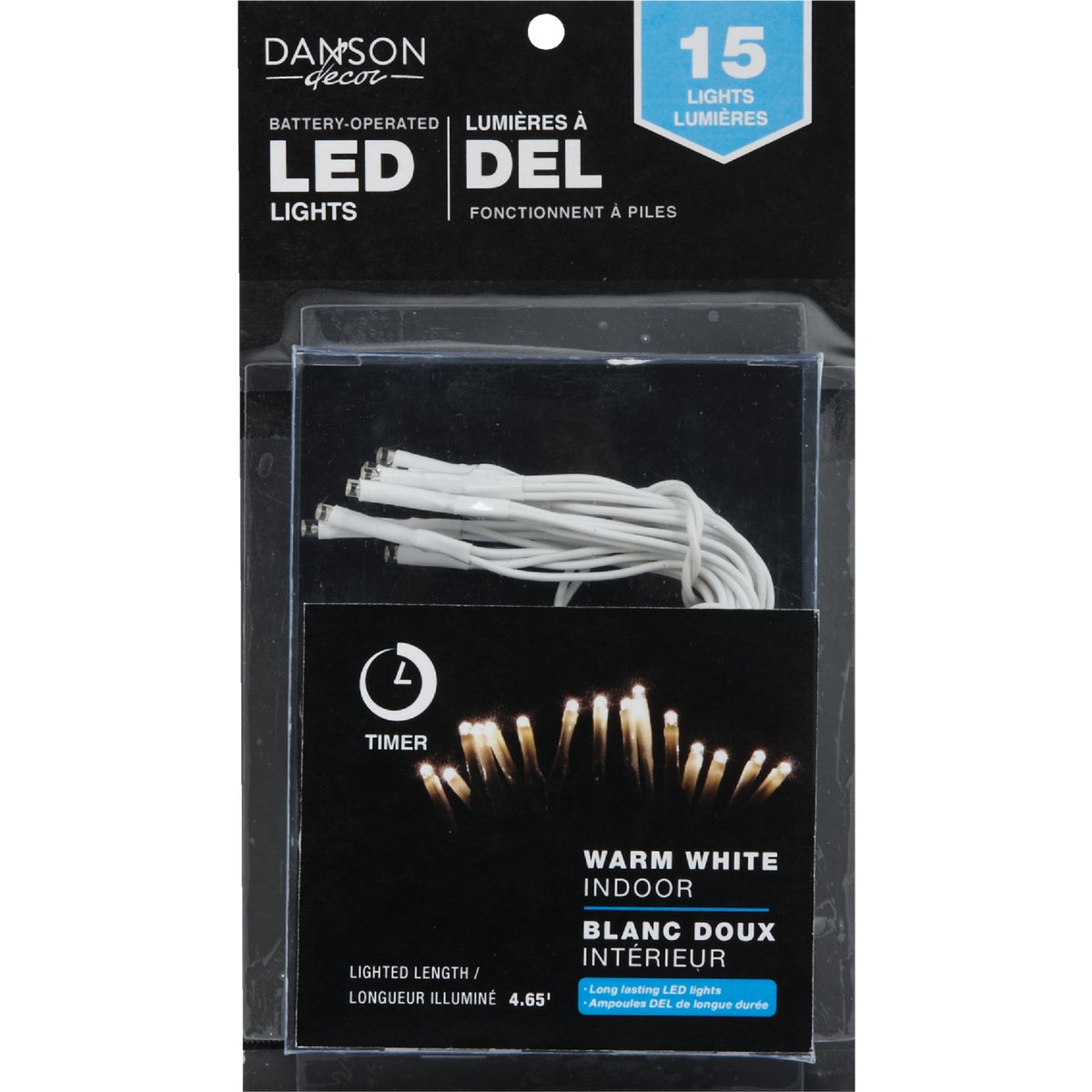 Danson Decor Warm White 15-Bulb 5mm LED Battery Operated Light Set with White Wire