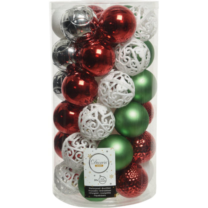 Decoris 2.4 In. Shatterproof Mistletoe Green, Christmas Red, Silver, & Winter White Bauble Christmas Ornament (37-Pack)
