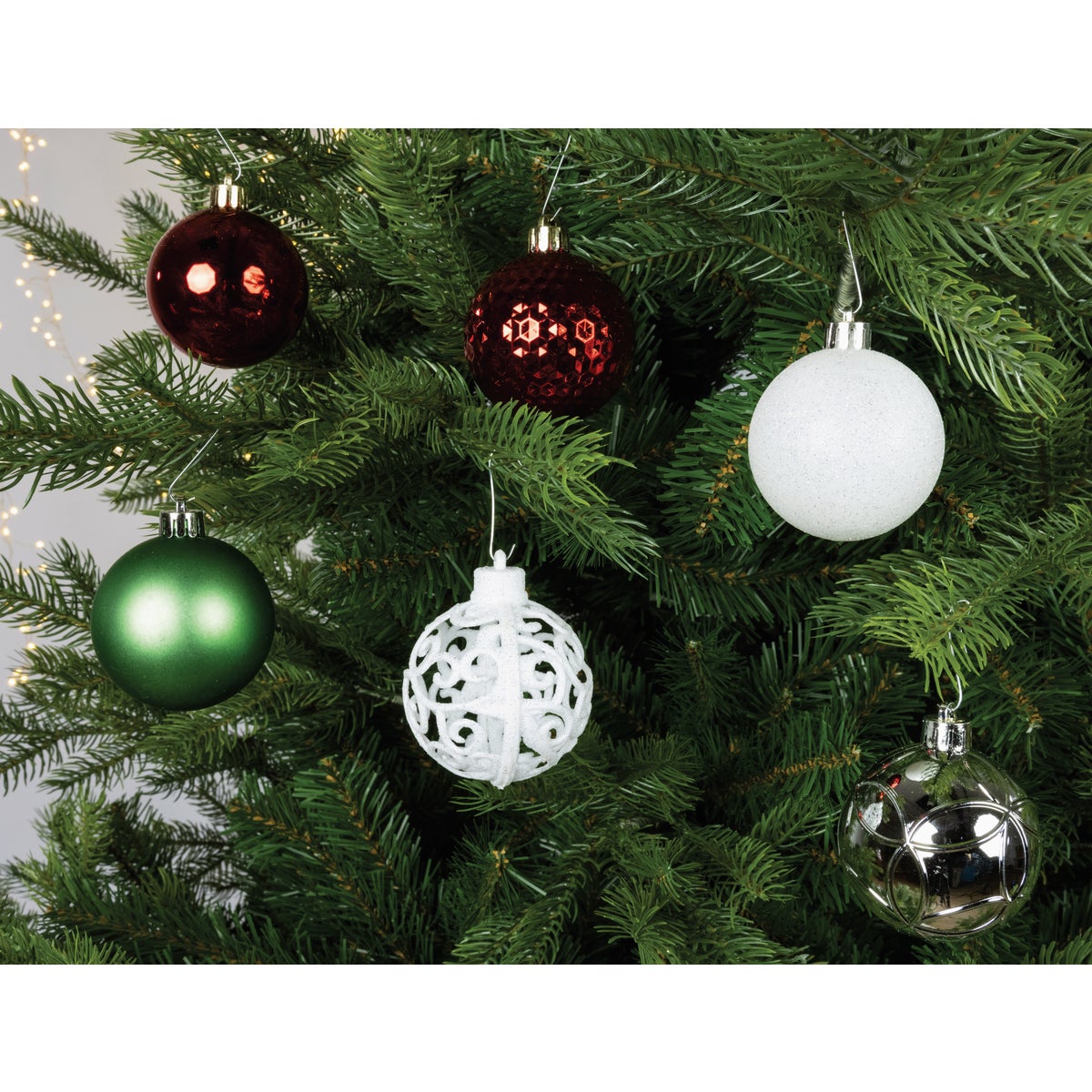 Decoris 2.4 In. Shatterproof Mistletoe Green, Christmas Red, Silver, & Winter White Bauble Christmas Ornament (37-Pack)